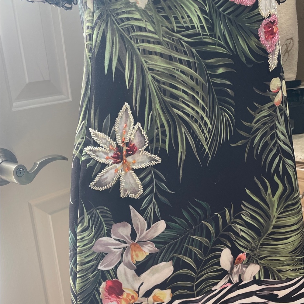 Tropical Floral Embroidered Shift Dress - Black with Green & Pink - Picture 5 of 15